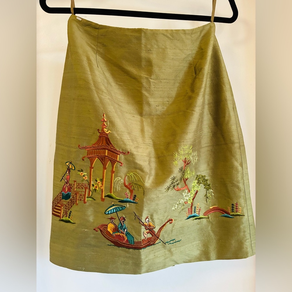 Muse Olive Green A-Line Skirt with Embroidery